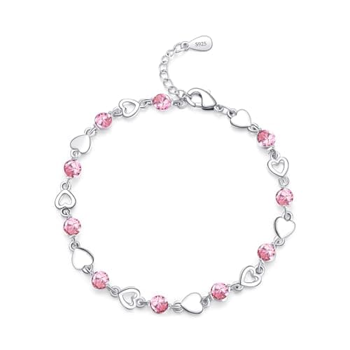 Image of EXGOX Sterling Silver Heart Bracelet - Dainty, Shiny Crystal Diamond, Adjustable Love Heart Bracelet for Women & Girls