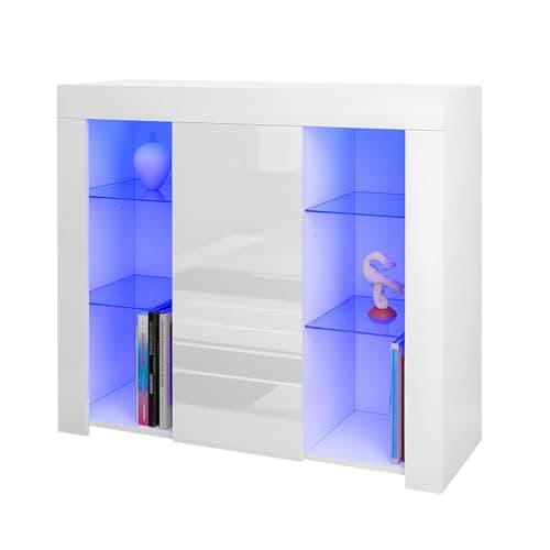 Image of Panana Sideboard Cupboard Unit 4 Glass Shelves Cabinet RGB LED Lighted (White)