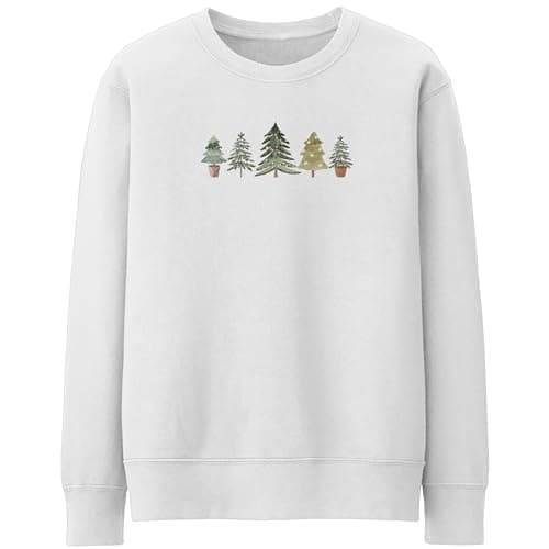 Image of Purple Print House Vintage Christmas Trees Sweatshirt For Women Winter Jumper Xmas Cosy Sweater, M, White