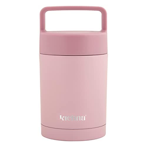 Image of Kichna Double Walled Stainless Steel thermal Food Flask Tub | BPA Free Lid Leak & Spill Proof Jar with Handle | Keeps Cold for 6Hrs or Hot for 6Hrs - Blush Pink