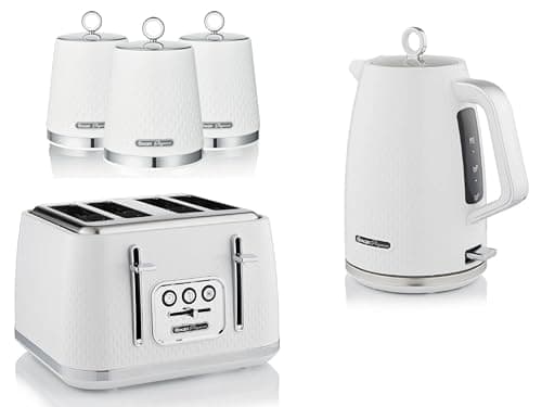 Image of Swan Elegance White 1.7L Kettle, 4 Slice Toaster and Tea, Coffee, Sugar Canisters. Contemporary Matching Kitchen Set with a Textured Gloss Finish and Stainless Steel/Chrome Accents