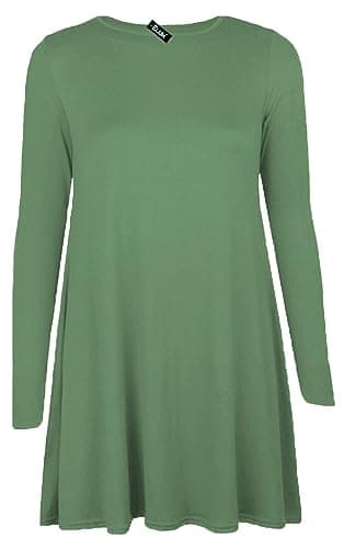 Image of Shop Nova® Women Long Sleeves Round Neck Stretch Swing Skater Flared Dress Ladies Midi Length Top Plain & Printed Casual Summer Wear Dresses UK 8-26 (Khaki, 16)