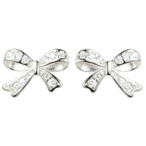 Image of 925 Sterling Silver Bow Stud Earrings with Cubic Zirconia, Cute Tiny Bow Earrings with Gift Box for Women Girls Teens Silver