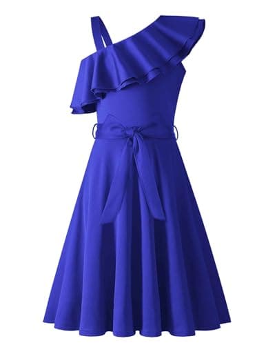Image of Arshiner Girls Dresses One-Shoulder Kids Dresses Summer Sleeveless Dress Ruffle Neck Elegant Party Festival Dresses Swing with Belt Dress for Girls 13-14 Years Royal Blue