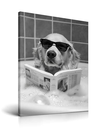Image of HesenDot Dog in Bathtub Framed Wall Art,30x40cm Golden Retriever Reading Canvas Print,Funny Animal Bathroom Poster,Black and White Dog Picture Wall Decor for Kid Room Bedroom Nursery,1 Pack