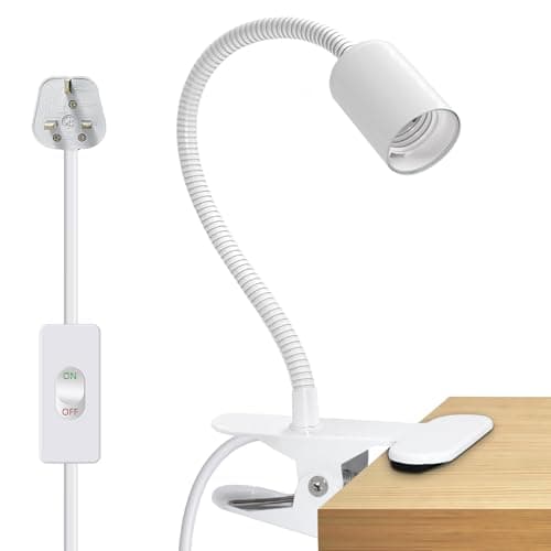 Image of Clip Desk Light, Clamp on Lamp, White Clip on Light with 220cm Cable, 9mm&350mm Thickened Lengthened Gooseneck Flexible Lamp with Metal Base, E27 Bulb Holder for Bed Shelf Table