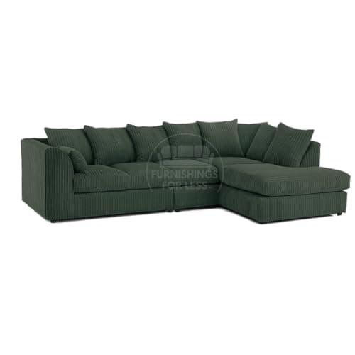 Image of New Luxor Long Fabric Corner Sofa | Soft Jumbo Cord 4-5 Seater Corner Sofa Left hand or Right Hand (Green, Right Hand Facing - Scatter Back)