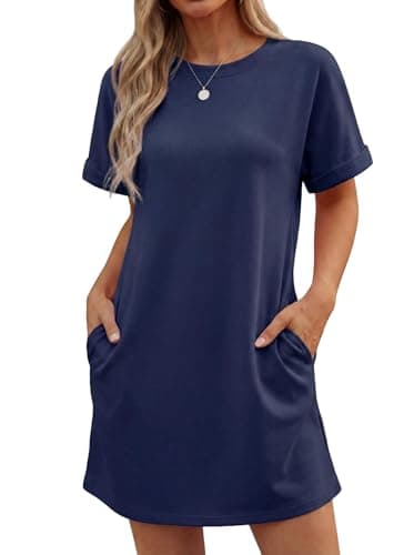 Image of GRECERELLE Womens Summer Mini Dress Cap Sleeve Crew Neck T Shirt Short Casual Beach A Line Dresses with Pockets (Navy Blue, M)
