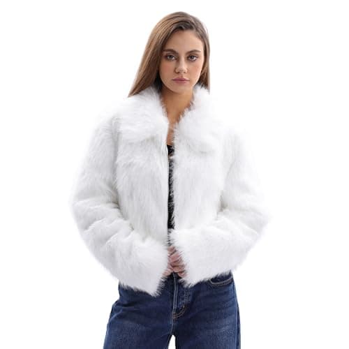 Image of Amazhiyu Womens Faux Fur Coat with Pocket, Winter Long Sleeve Jacket Crew Neck Zip-Up Outwear Plush Warm Winter Coat White L