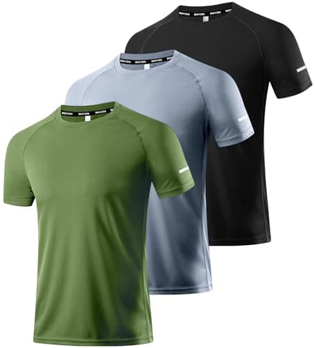 Image of 3 Packs Workout Shirts for Men - Activewear Tops Gym Shirts Cool Dry Mesh Moisture Wicking Running Fitness Short Sleeve Crewneck Sports Athletic T-Shirt Tops Black/Gray/Green-3P09-L