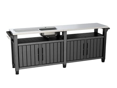 Image of Keter BBQ Side Table Unity Chef Black with Large Stainless Steel Worktop and Sink, 237 x 513 x 89.4 cm, Perfect for Spring Grilling