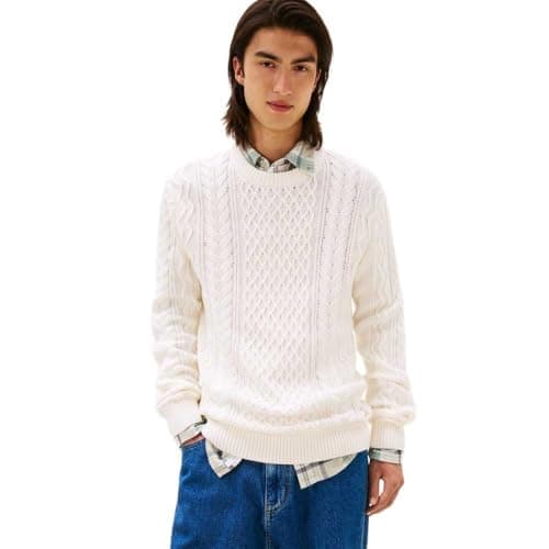 Image of Tommy Jeans TJM SLM Badge Cable Knit Sweater, White, L