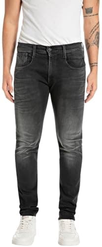 Image of Replay Men's Jeans Anbass Slim-Fit Hyperflex with Stretch, Black (Black 098), 36W / 34L