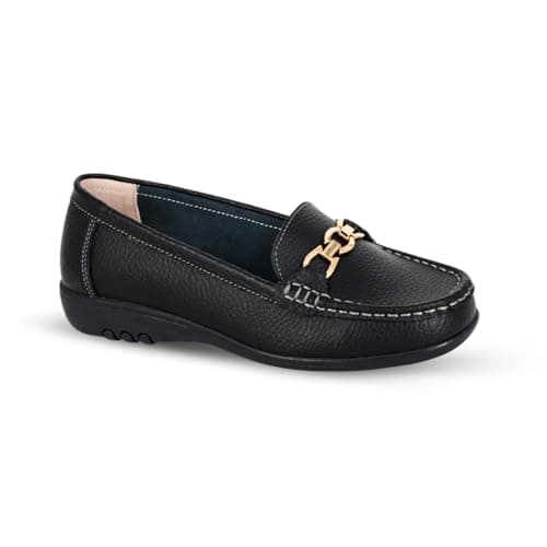 Image of Ladies Loafers Flats Wide Leather Tassle Cushioned Casual Slip On Womens Nautical Boat Comfort Shoes (Black Saddle Bar, UK Footwear Size System, Adult, Women, Numeric, Wide, 5)