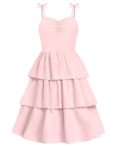 Image of JiAmy Girls Spaghetti Strap Dress Kids Summer Bowknot Smocked Tiered Swing Dresses Casual Elegant Sundress for Girl 13 Years Light Pink