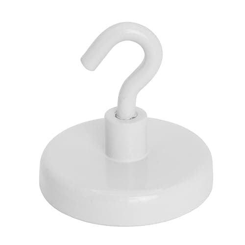 Image of Ferrite White Painted Clamping Magnet with M6 Hook for Hanging, Holding or Displaying Items - 50mm dia - 21.3kg Pull - Pack of 10