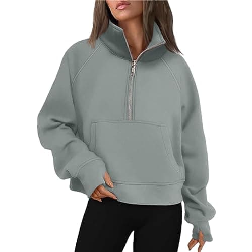 Image of Sweatshirts Womens Sweatshirts Half Zip Cropped Pullover Quarter Zipper Hoodies Fall Outfits Clothes Thumb Hole (Mint Green, M)