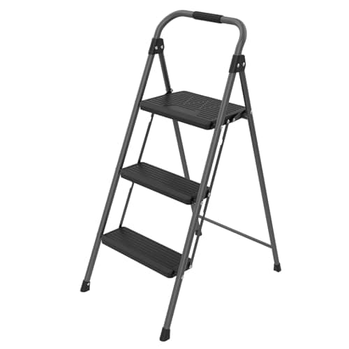 Image of Azuma 3 Step Steel Ladder – Grey – with Anti-Slip Handrail, Wide Top Platform, Folding Design, Powder-Coated Frame – Ideal for Home, DIY, Decorating, Garage – EN14183 Certified