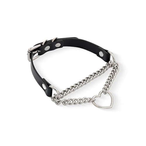 Image of ADEMISHIA Black/Pink Leather Choker Necklace For Women, Handmade Adjustable Chain Collar with Metallic Heart Ring (Black&Silver)