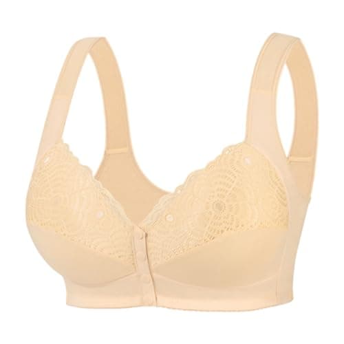 Image of Generic Front Fastening Plus Size Bras for Elderly Women, Non Wired Comfortable Push Up Everyday Sports Bras Floral Wireless Full Cup Bralettes Yoga Running Lace Bras Beige Size 44DD