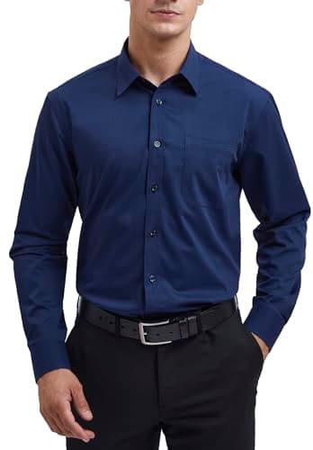 Image of HISDERN Men's Navy Blue Dress Shirt Long Sleeve Regular Fit Business Bamboo Fiber Shirt Casual Wrinkle-Free Shirt with Pocket,M