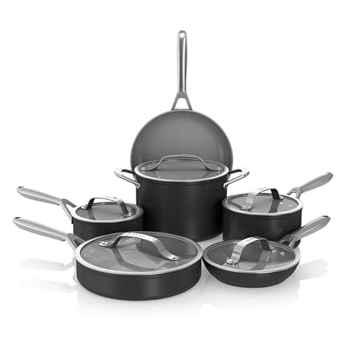 Image of Ninja NeverStick Ceramic Pro 11-Piece Cookware Set, Non-Stick Pots and Pans, Glass Lids, Ceramic Coated, Stainless Steel, Stove to Oven Safe, All Stovetops, Induction Compatible, Black, CW39011BK