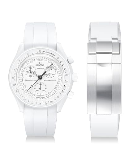 Image of REBANDACE Strap for Moonswatch Watch,Cut to Size No Gap Silicone Strap for Omega X Swatch Speedmaster Moonswatch Watch 20mm,Soft Curved Replacement Band for Swatch Omega Men Women (White)