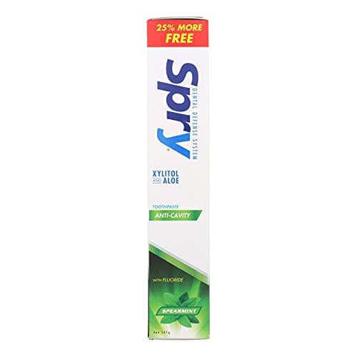 Image of Spry Natural Xylitol Toothpaste 5oz for Adults and Kids with Fluoride, Gentle for Sensitive Teeth Whitening and Remineralizing, Breath Freshening, Mouth Moisturizing, Spearmint (Pack of 1)