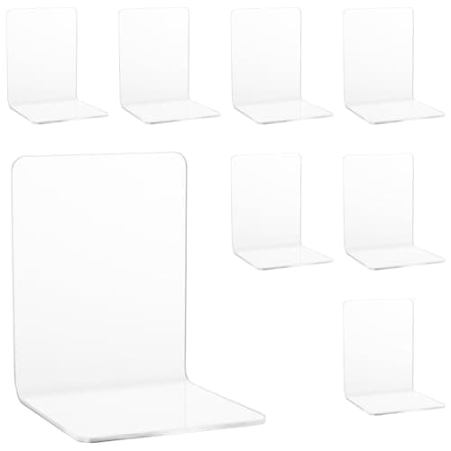 Image of SINJEUN 8 Pack Clear Acrylic Bookends, 10x10x13cm Small Bookends Shelves, Acrylic Bookshelf Holder Stand for Home Office Library Desktop