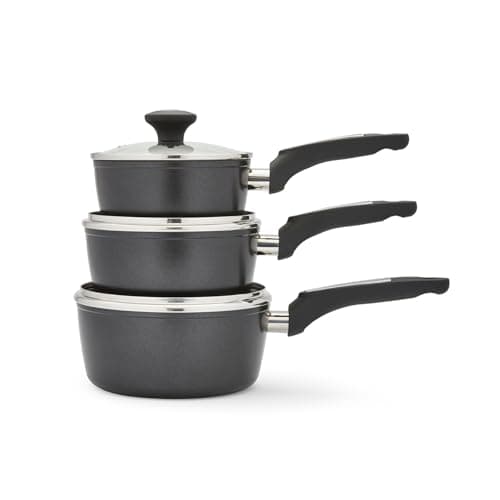 Image of Morphy Richards 3-Piece Pan Set, Forged Aluminium, Durable, Premium, Non Stick, Soft Touch Handles, Tempered Glass Lid, Oven Safe, Suitable for All Hobs | 16,18 & 20cm Pans | 859004