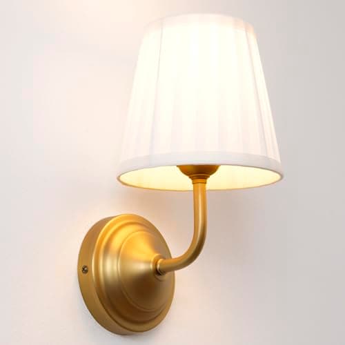 Image of SongCiLT Industrial Wall Light Sconce with White Pleated Fabric Shade, Vintage Brass Gold Wall Lamp Hardwired Light Fixtures for Bedroom Kitchen Living Room Bathroom