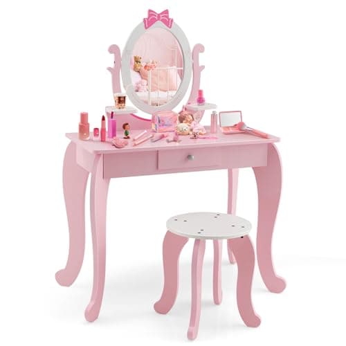 Image of Maxmass 2-in-1 Kids Vanity Table Set, Wooden Dressing Table and Stool with Rotatable and Removable Mirror, Pull-out Drawer & 2 Shelves, Princess Makeup Dresser for Girls