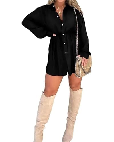 Image of Felcia Women Loose Fit Shirt Dress Casual Satin Nights Romper Dress Long Sleeve Lapel Collar V Neck Button Down Short Silk Dress (Black A, XXL)