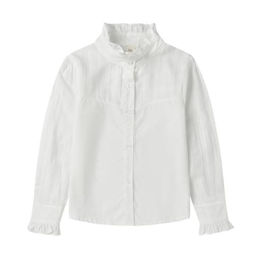 Image of Mud Kingdom 7-8 Years Girls’ Blouse Ruffle Collar Button Down Shirt for Little Girl Victorian Vintage Style Tops White