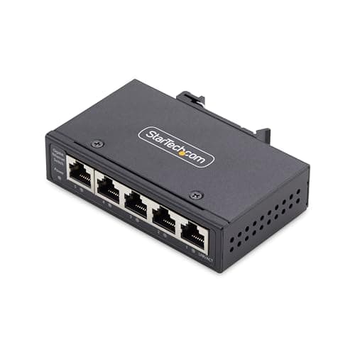 Image of StarTech.com 5-Port Unmanaged Industrial Network Switch, 100/1000 Ethernet, DIN Rail/Wall-Mount, IP30, -40-167F, 9~60VDC, TAA