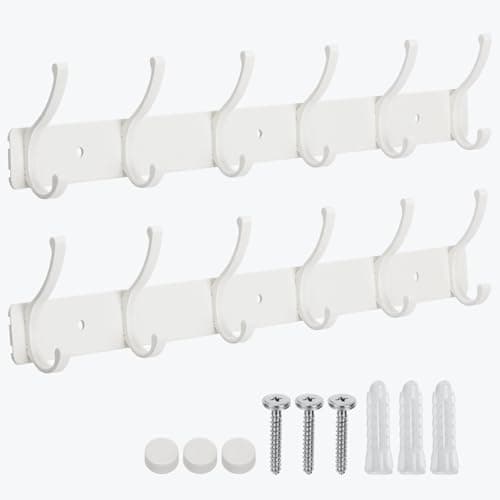 Image of Dntorx Coat Rack Wall Mount, 2 Pack White Coat Hooks Hanger Wall Double Hook Rack Rail Towel Hat Rack Entryway Bathroom Hanger Organizer for Robes, Clothes, Bags, Hat