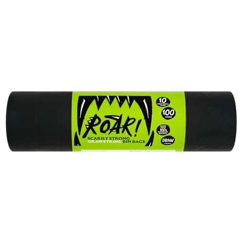 Image of Roar! Bin Bags 100 Litres, 10 Double Drawstring Ultra Strong Black Refuse Sacks, 100% Recycled Plastic, Everyday Use, Household, Office & Kitchen Waste