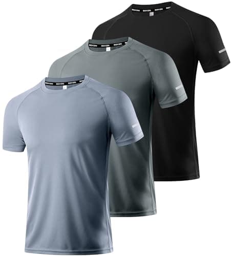 Image of Men's 3 Pack Workout Shirts Dry Fit Crew Neck T Shirts Athletic Running Gym Mesh Short Sleeve Tee Tops Black/Grey/Dark Grey-3P11-M