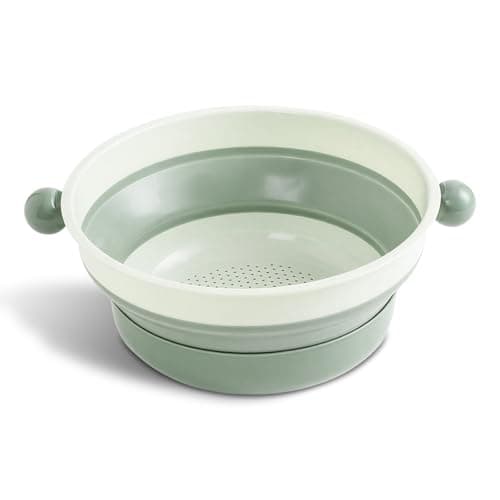 Image of Green Collapsible Colander, Large Colander Plastic Rice & Fruit Washer with Deep Basin, Foldable Sieves and Strainers with Anti-Slip Base, Space Saving Kitchen Strainer for Draining & Storage
