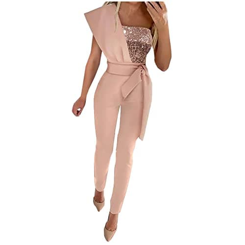 Image of Keepink Jumpsuits for Women UK Ladies Summer Wedding Sequin Elegant Party Playsuit Clubbing Romper Wide Leg Office Evening Trousers Diamond Halter Sexy Zip Overalls