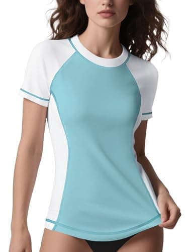 Image of ANGEL CITIZ Rash Vest Women Short Sleeve UPF 50+ Womens Swim Top Beach Shirt Quick Dry Rash Guard Modest Swimwear Blue