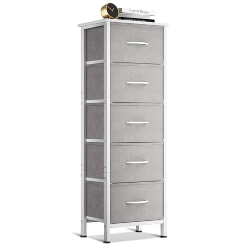 Image of Coleshome Tall Chest of Drawers Bedroom, Small and Narrow Drawers with 5 Fabric Drawers, Suitable for Bedroom and Living Room, Sturdy Steel Frame, Wooden Top, 40 x 30 x 120 cm, Light Gray
