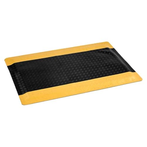 Image of The Workplace Depot Anti Fatigue Matting – Chequered Floor Mat, PVC Foam with Yellow Safety Border – Industrial Workstation & Warehouse Comfort