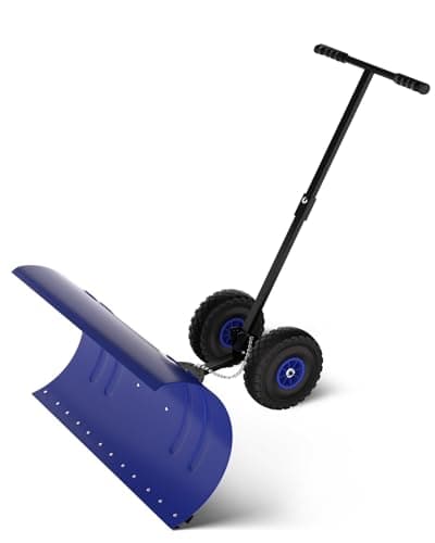 Image of Garvee 73 cm Heavy-Duty Steel Snow Pusher with Wheels, 5-Level Adjustable Handle & Blade, Ergonomic T-Handle for Back-Saving Snow Removal on Driveways & Sidewalks