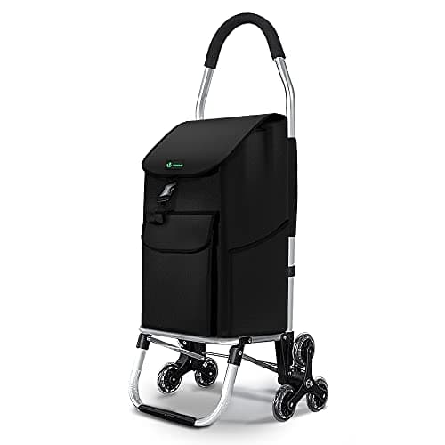 Image of VOUNOT® Folding Shopping Trolley on 6 Wheels, Aluminium Lightweight Shopping Cart with Detachable Bag, Stair Climbing Grocery Trolley, 58L, Black
