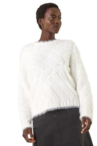Image of Roman Originals Fluffy Stripe Knit Jumper for Women UK - Ladies Everyday Autumn Winter Crew Neckline Comfy Soft Evening Vacation Work Party Night Out - Ivory - Size 14