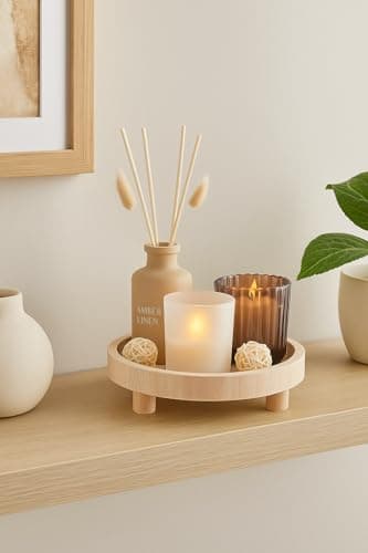 Image of New Amber Linen Scented Candle and Diffuser Set on Decorative Wooden Footed Tray – A Sophisticated Home Fragrance Gift Set Ideal for Living Rooms, Bedrooms & Entryways – A12