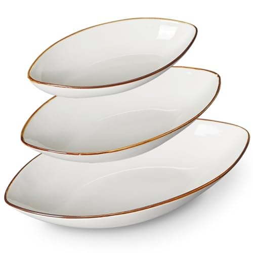 Image of ONEMORE Large Serving Bowls Set of 3 - Oven/Dishwasher/Microwave Safe Boat Shaped Ceramic Bowls for Entertaining - Rustic Speckled, Glossy Glazed - Creame White