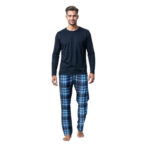 Image of Style It Up Mens Long Sleeve Jersey Top Checked Brushed Cotton Flannel Bottoms Sleepwear Pajama Set Round Neck Warm Cosy Super Soft Adults Loungewear (BLUE, 2XL)