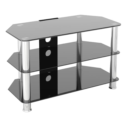 Image of AVF Black Glass TV Stand - Black Glass & Chrome Metal Leg TV Unit Floorstand with Cable Management, 80cm Wide, For TVs Up to 43" & 40kg - SDC800CM